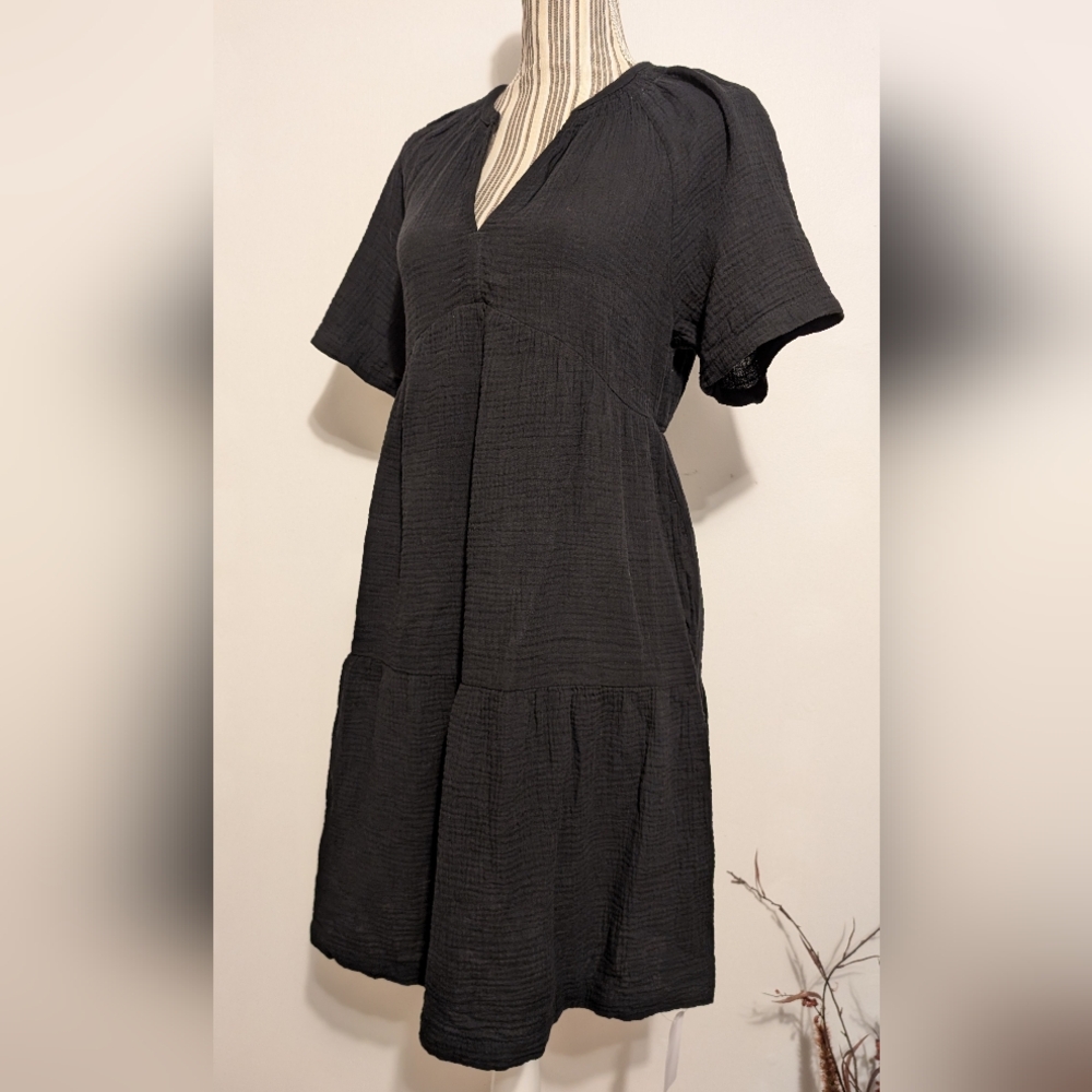 Gap Black Short Sleeve Dress Women's XS  V Neck Cotton Loose Fitting Nwt - Picture 3 of 16